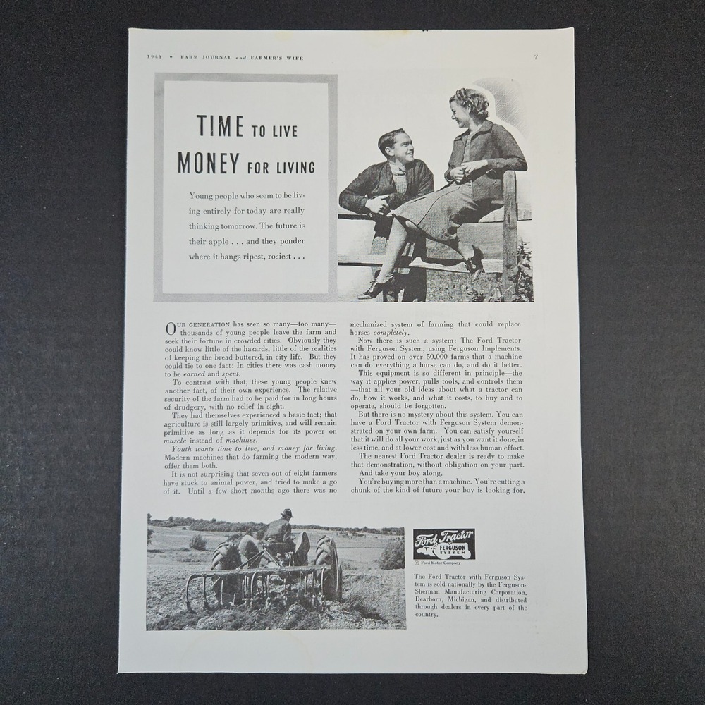 1941 Ford Tractor Ferguson System Vintage Print Ad Garage Mancave Farm Shop Auto